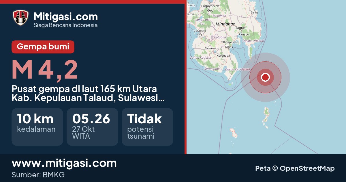 Peta pusat gempa magnitudo 4,2 di Kabupaten Kepulauan Talaud, Sulawesi Utara. (Mitigasi.com/data BMKG)
