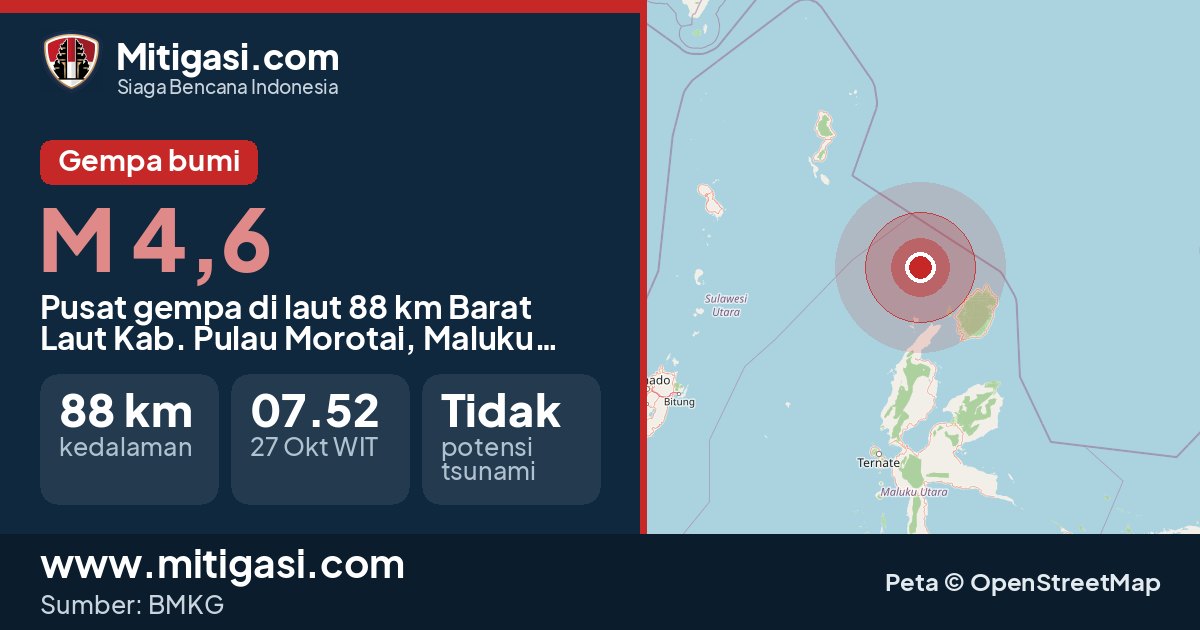 Peta pusat gempa magnitudo 4,6 di Kabupaten Pulau Morotai, Maluku Utara. (Mitigasi.com/data BMKG)