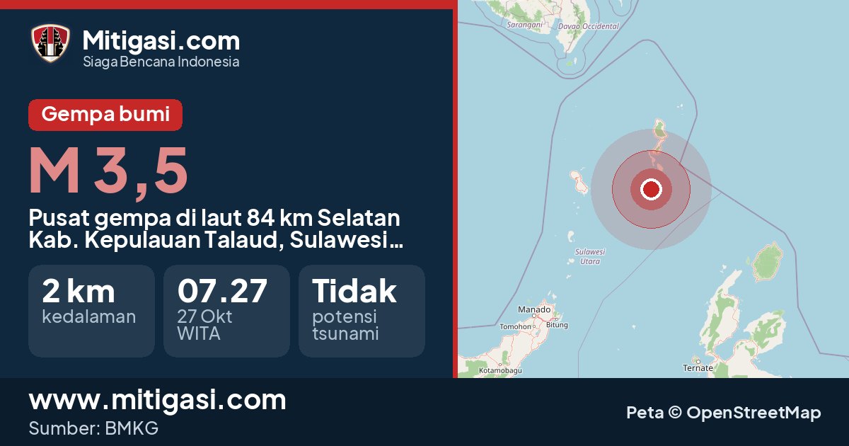 Peta pusat gempa magnitudo 3,5 di Kabupaten Kepulauan Talaud, Sulawesi Utara. (Mitigasi.com/data BMKG)