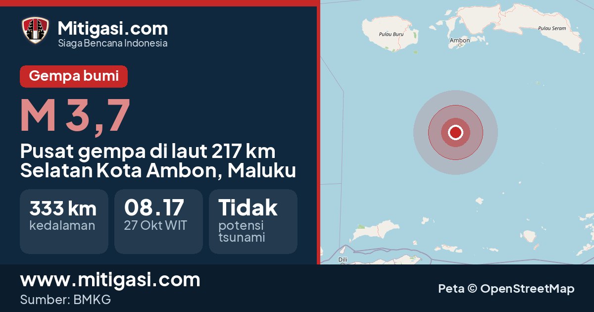 Peta pusat gempa magnitudo 3,7 di Kota Ambon, Maluku. (Mitigasi.com/data BMKG)