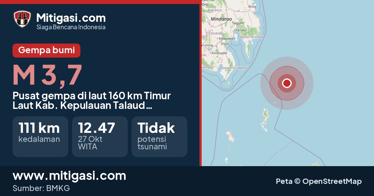 Peta pusat gempa magnitudo 3,7 di Kabupaten Kepulauan Talaud, Sulawesi Utara. (Mitigasi.com/data BMKG)