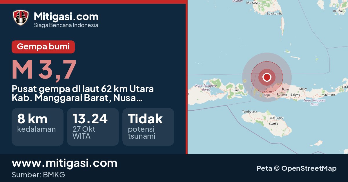Peta pusat gempa magnitudo 3,7 di Kabupaten Manggarai Barat, Nusa Tenggara Timur. (Mitigasi.com/data BMKG)