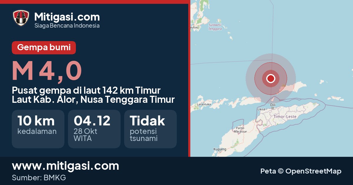 Peta pusat gempa magnitudo 4,0 di Kabupaten Alor, Nusa Tenggara Timur. (Mitigasi.com/data BMKG)