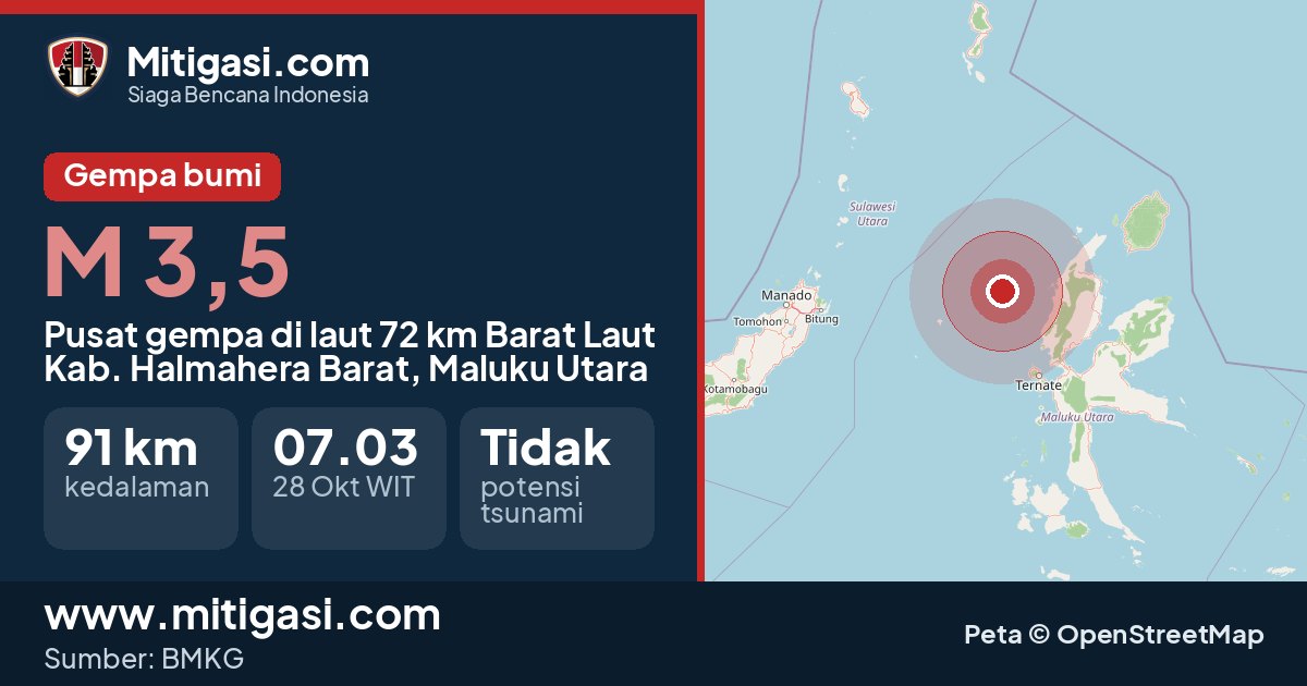 Peta pusat gempa magnitudo 3,5 di Kabupaten Halmahera Barat, Maluku Utara. (Mitigasi.com/data BMKG)