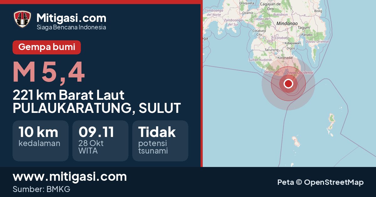 Peta pusat gempa magnitudo 5,4 di Pulaukaratung, Sulawesi Utara. (Mitigasi.com/data BMKG)