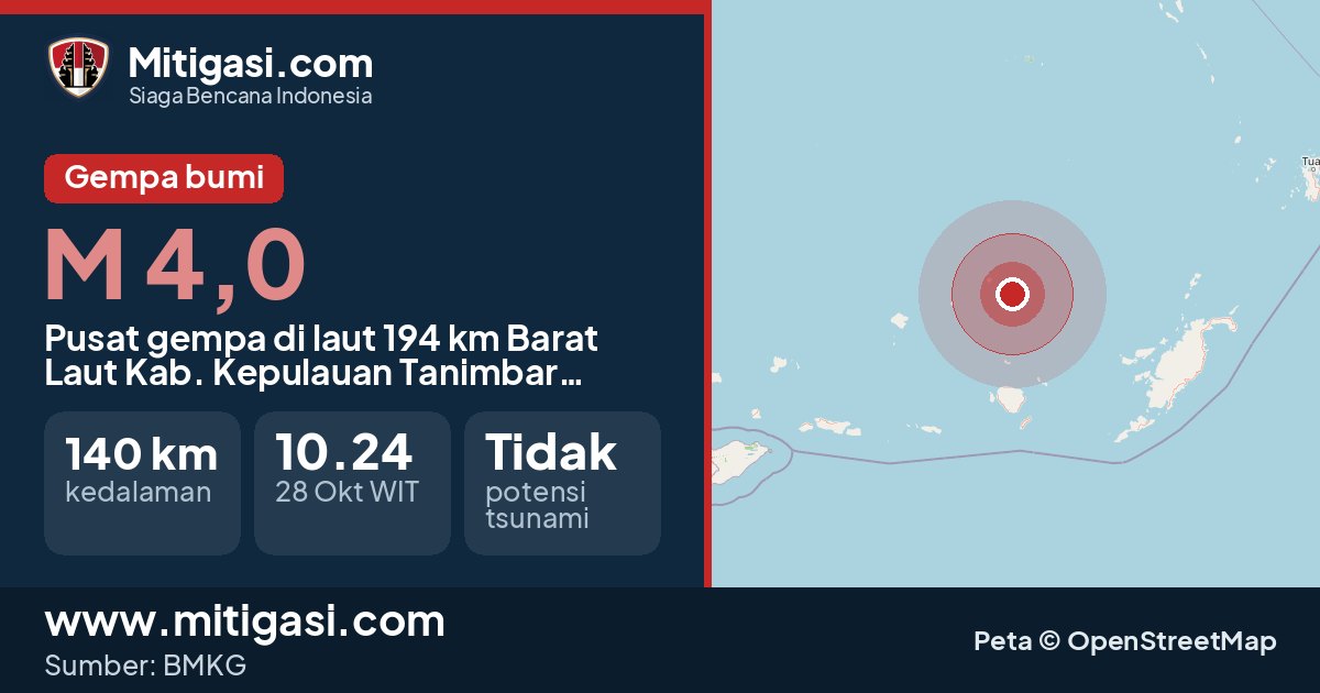 Peta pusat gempa magnitudo 4,0 di Kabupaten Kepulauan Tanimbar, Maluku. (Mitigasi.com/data BMKG)