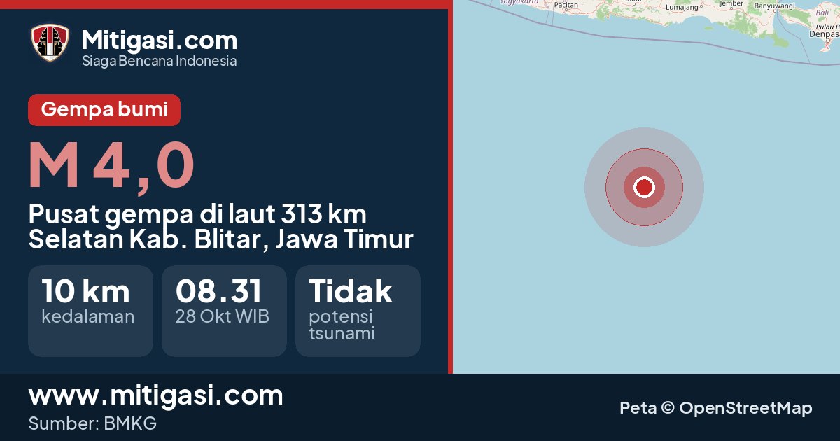 Peta pusat gempa magnitudo 4,0 di Kabupaten Blitar, Jawa Timur. (Mitigasi.com/data BMKG)