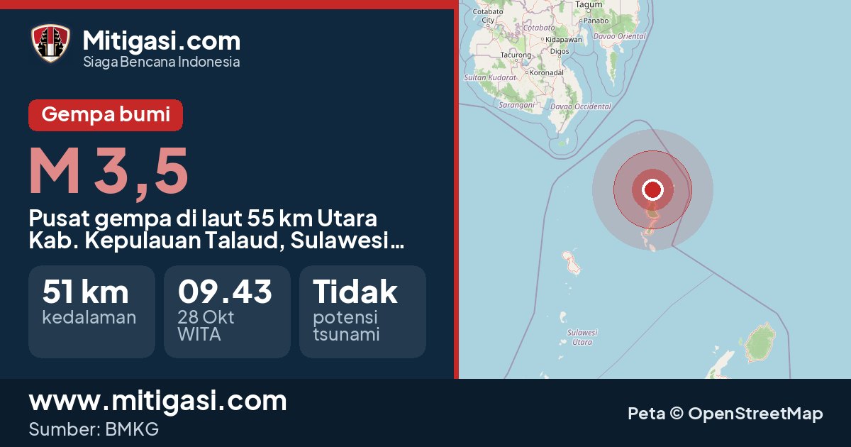 Peta pusat gempa magnitudo 3,5 di Kabupaten Kepulauan Talaud, Sulawesi Utara. (Mitigasi.com/data BMKG)