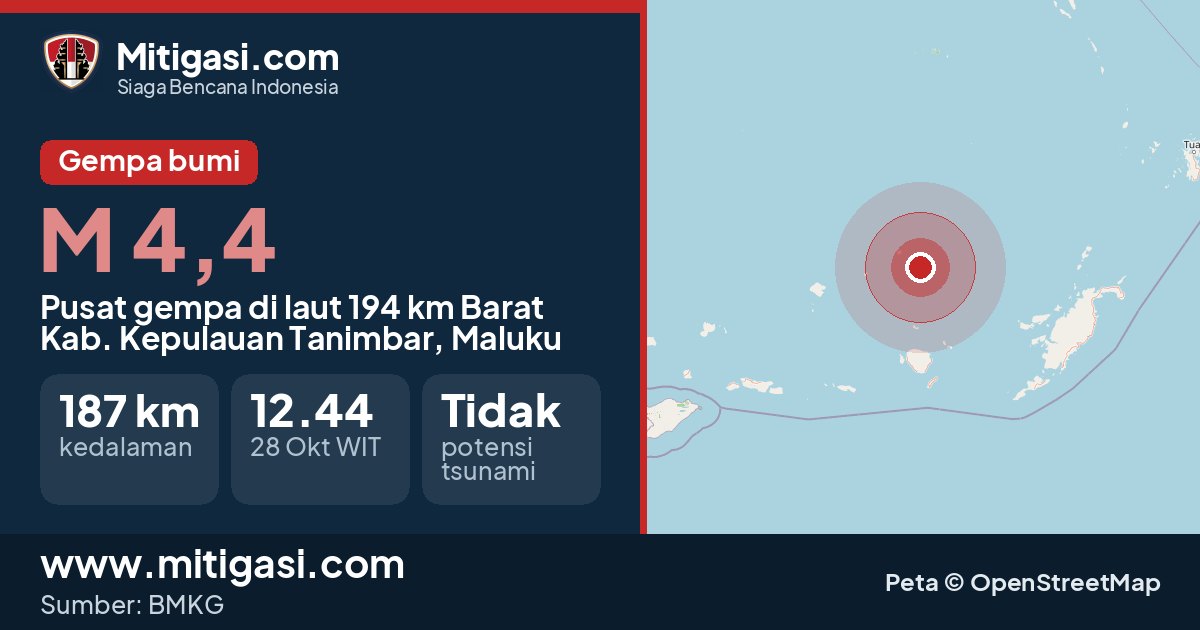 Peta pusat gempa magnitudo 4,4 di Kabupaten Kepulauan Tanimbar, Maluku. (Mitigasi.com/data BMKG)