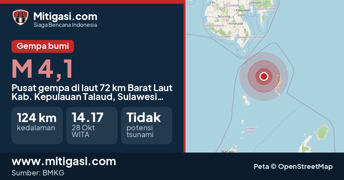 Peta pusat gempa magnitudo 4,1 di Kabupaten Kepulauan Talaud, Sulawesi Utara. (Mitigasi.com/data BMKG)