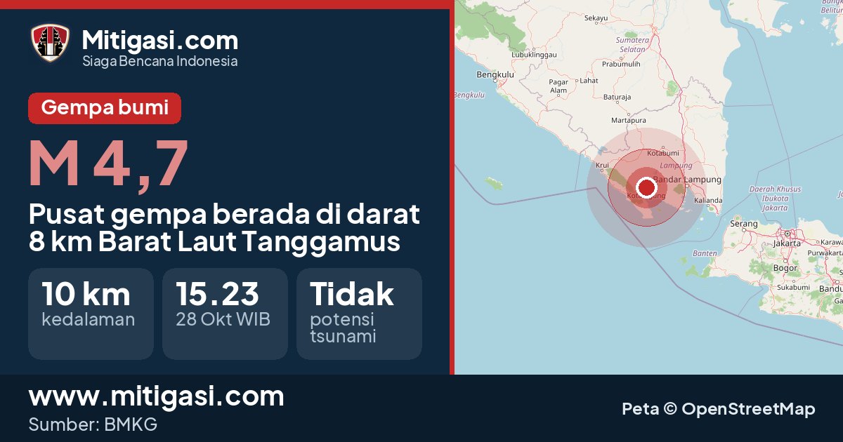Peta pusat gempa magnitudo 4,7 di Tanggamus, Lampung. (Mitigasi.com/data BMKG)