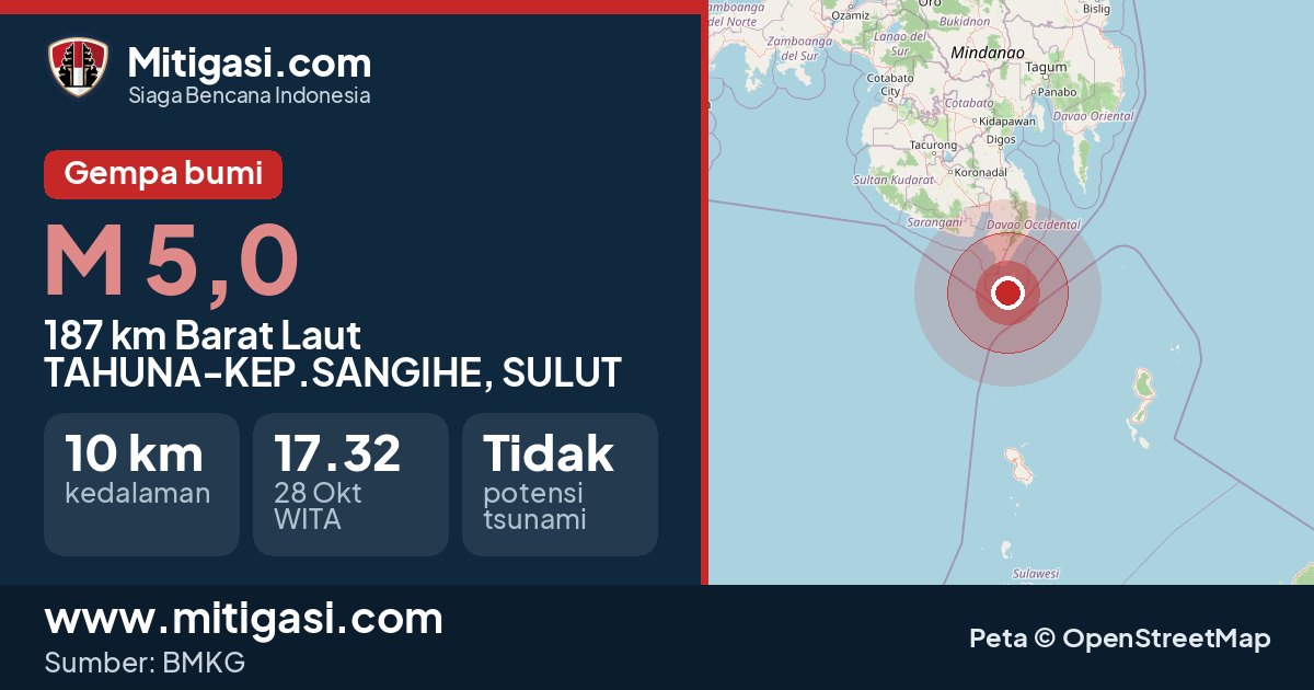 Peta pusat gempa magnitudo 5,0 di Tahuna, Kepulauan Sangihe, Sulawesi Utara. (Mitigasi.com/data BMKG)