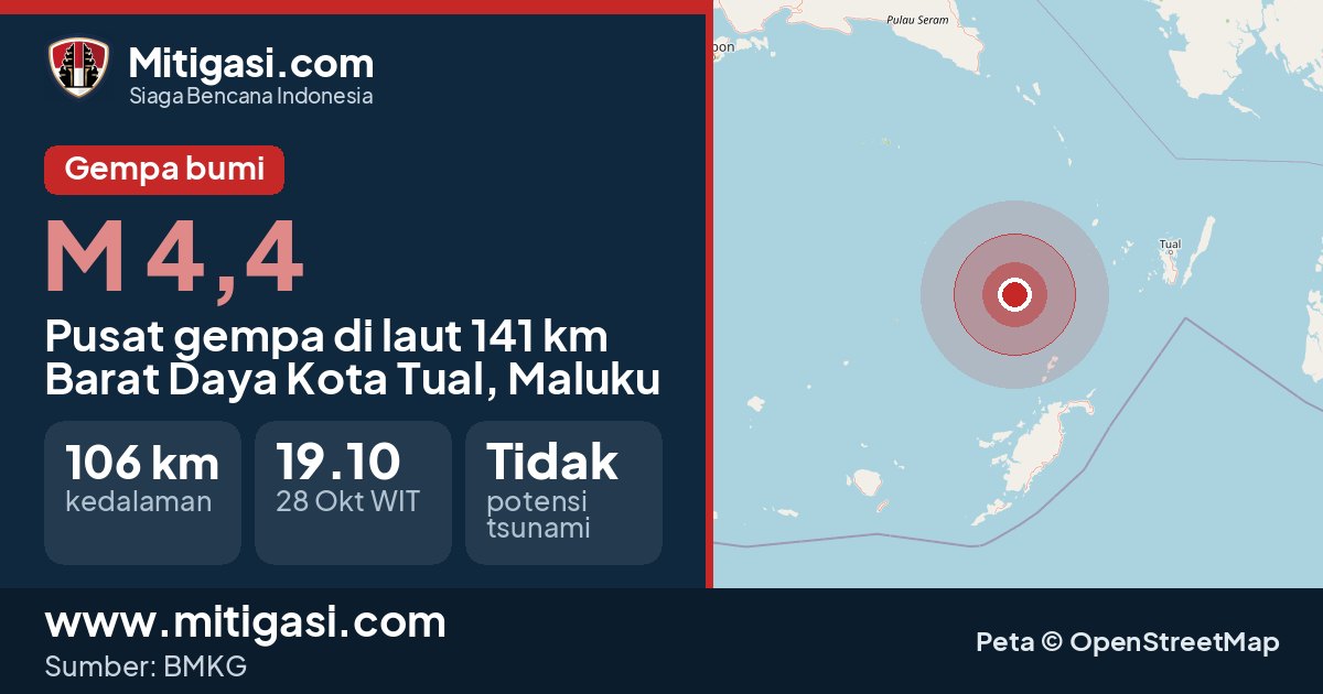 Peta pusat gempa magnitudo 4,4 di Kota Tual, Maluku. (Mitigasi.com/data BMKG)