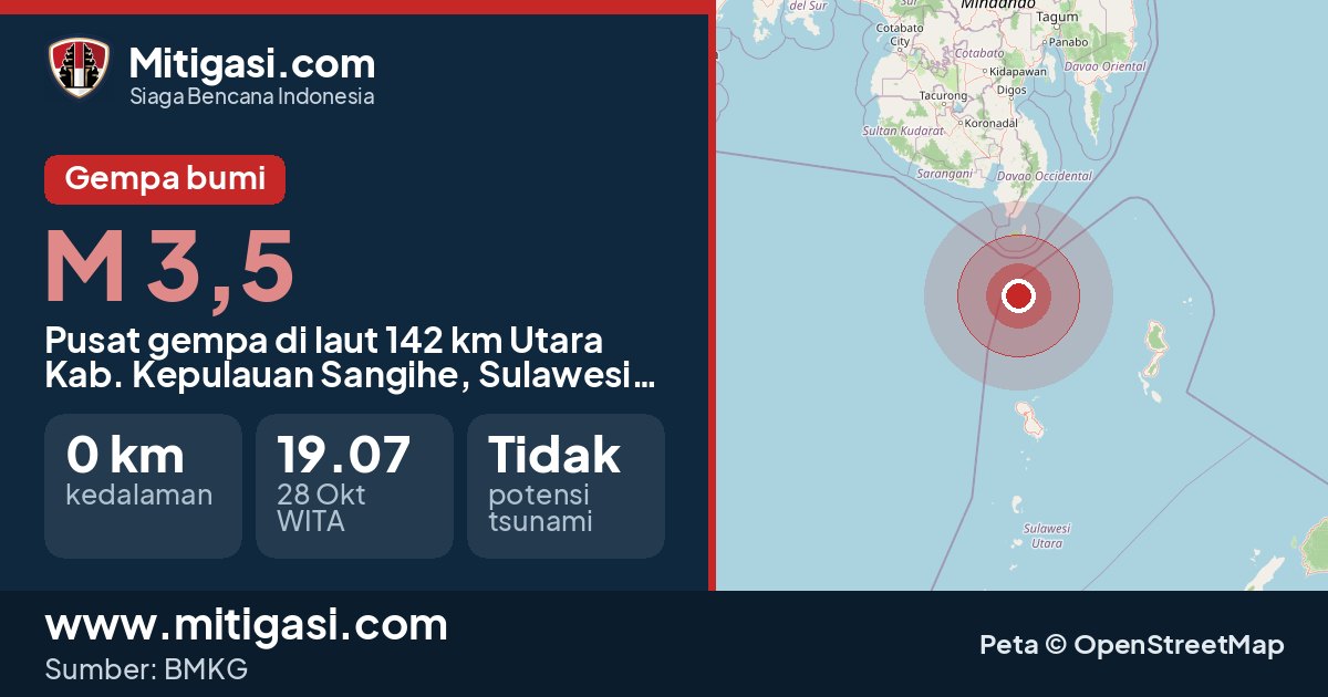 Peta pusat gempa magnitudo 3,5 di Kabupaten Kepulauan Sangihe, Sulawesi Utara. (Mitigasi.com/data BMKG)