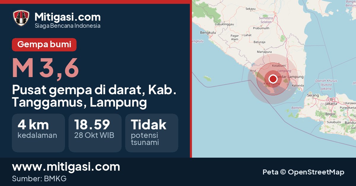 Peta pusat gempa magnitudo 3,6 di Kabupaten Tanggamus, Lampung. (Mitigasi.com/data BMKG)