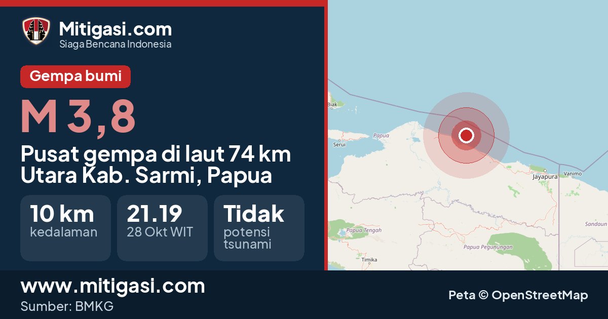 Peta pusat gempa magnitudo 3,8 di Kabupaten Sarmi, Papua. (Mitigasi.com/data BMKG)