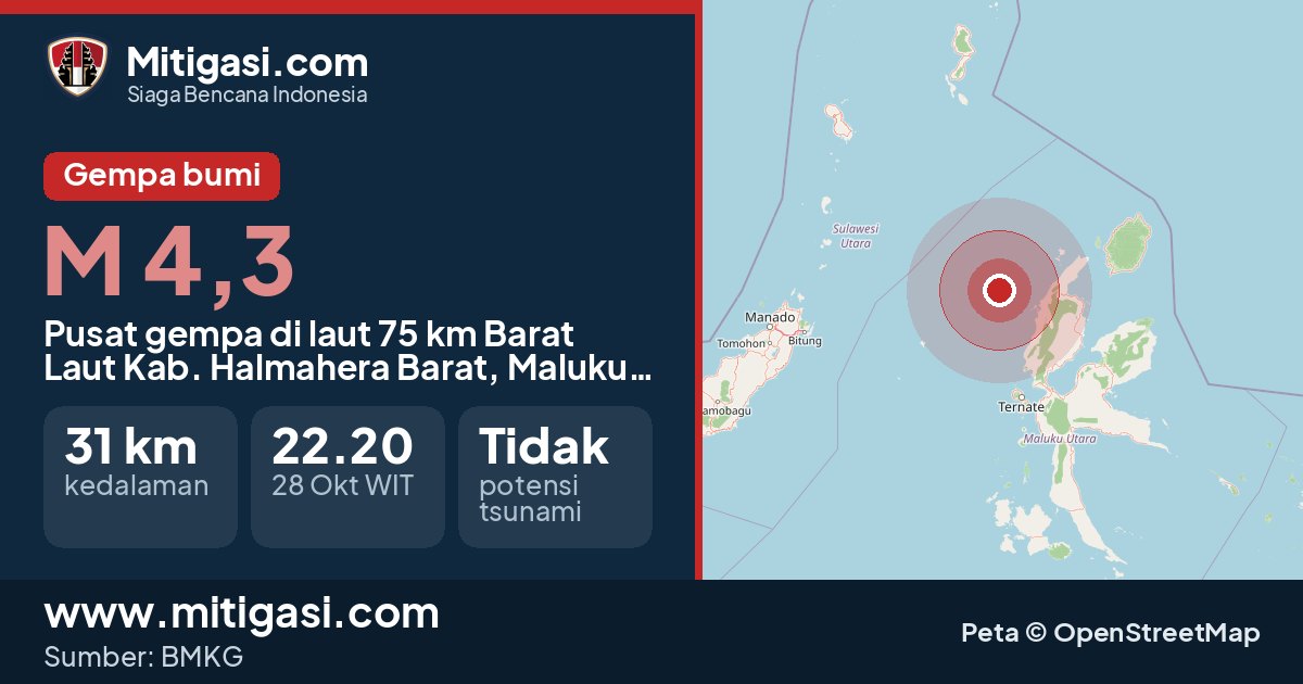 Peta pusat gempa magnitudo 4,3 di Kabupaten Halmahera Barat, Maluku Utara. (Mitigasi.com/data BMKG)