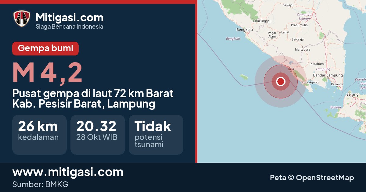 Peta pusat gempa magnitudo 4,2 di Kabupaten Pesisir Barat, Lampung. (Mitigasi.com/data BMKG)