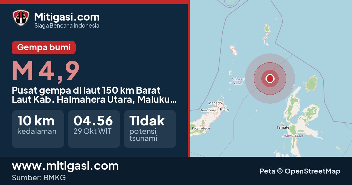 Peta pusat gempa magnitudo 4,9 di Kabupaten Halmahera Utara, Maluku Utara. (Mitigasi.com/data BMKG)