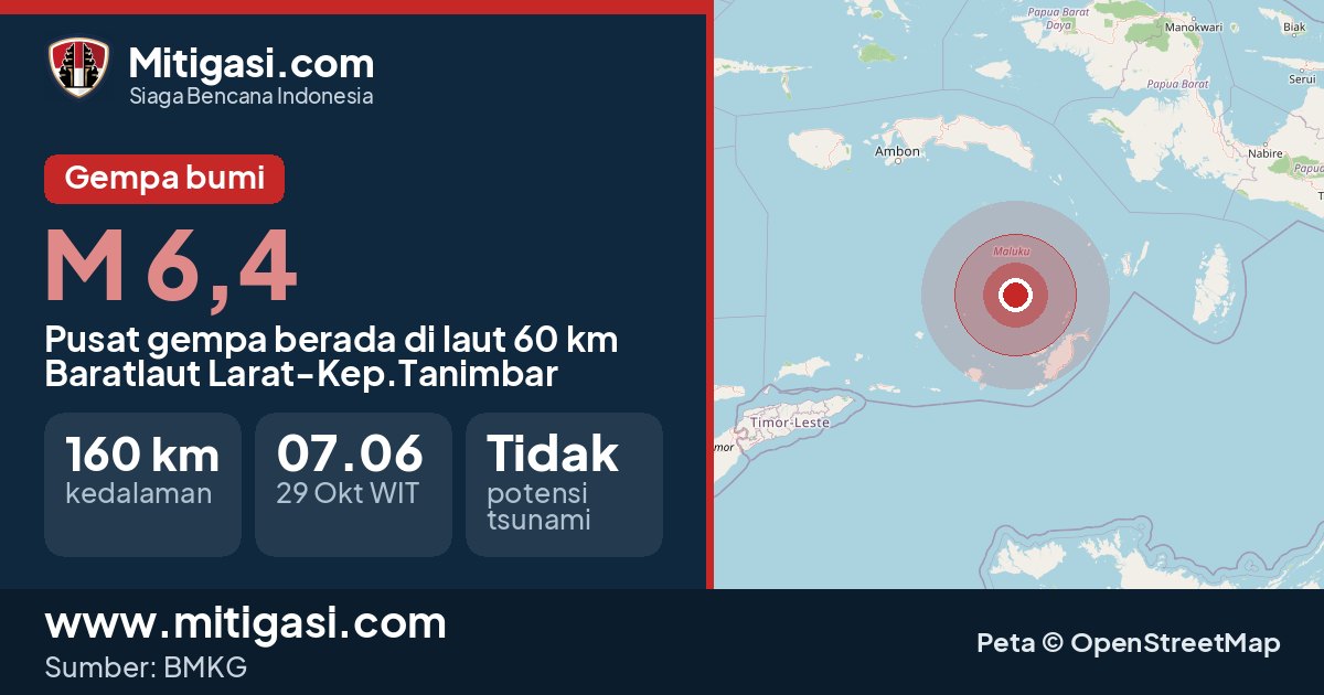 Peta pusat gempa magnitudo 6,4 di Larat-Kepulauan Tanimbar, Maluku. (Mitigasi.com/data BMKG)