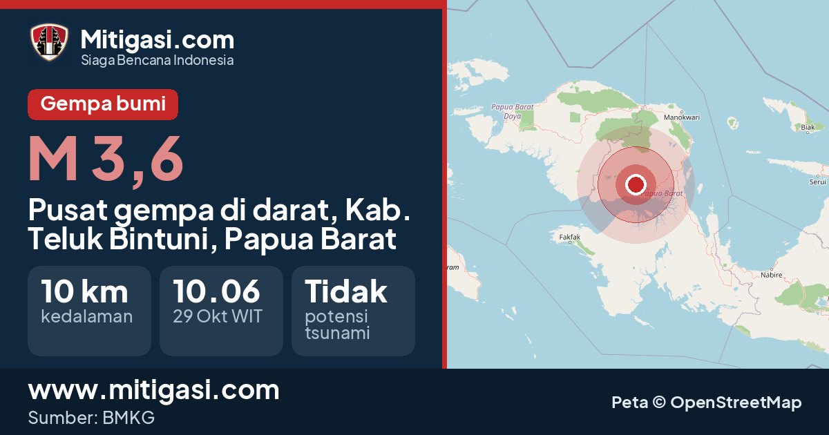 Peta pusat gempa magnitudo 3,6 di Kabupaten Teluk Bintuni, Papua Barat. (Mitigasi.com/data BMKG)
