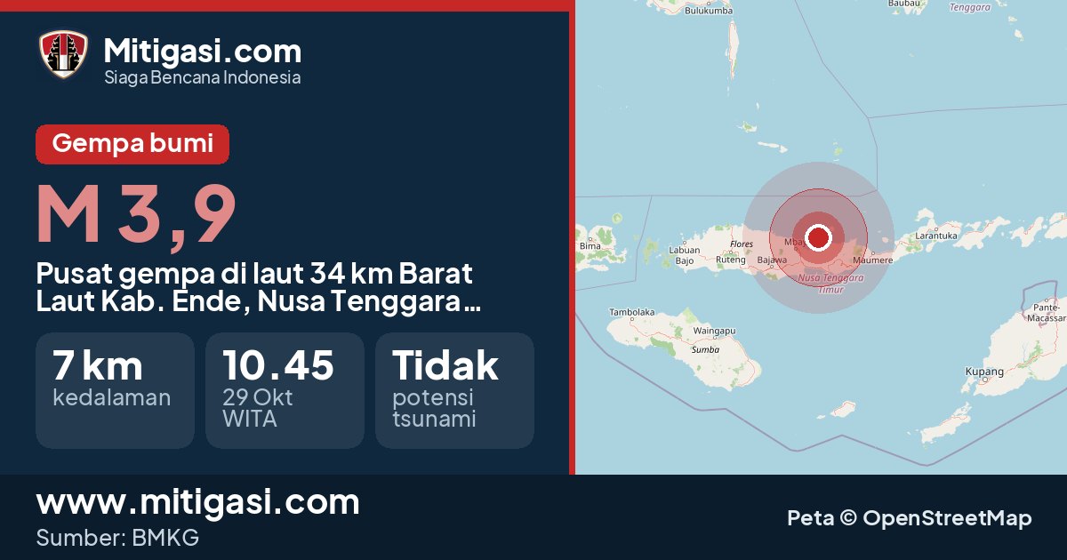 Peta pusat gempa magnitudo 3,9 di Kabupaten Ende, Nusa Tenggara Timur. (Mitigasi.com/data BMKG)