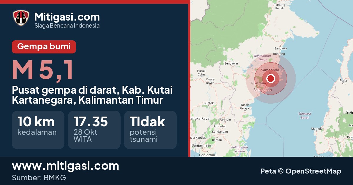 Peta pusat gempa magnitudo 5,1 di Kabupaten Kutai Kartanegara, Kalimantan Timur. (Mitigasi.com/data BMKG)