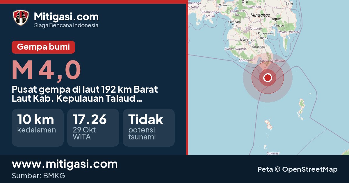 Peta pusat gempa magnitudo 4,0 di Kabupaten Kepulauan Talaud, Sulawesi Utara. (Mitigasi.com/data BMKG)