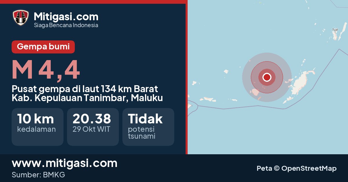 Peta pusat gempa magnitudo 4,4 di Kabupaten Kepulauan Tanimbar, Maluku. (Mitigasi.com/data BMKG)