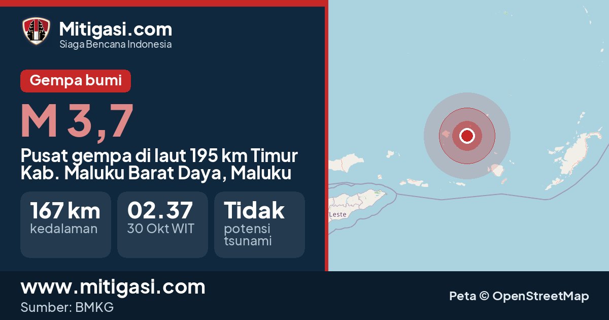 Peta pusat gempa magnitudo 3,7 di Kabupaten Maluku Barat Daya, Maluku. (Mitigasi.com/data BMKG)