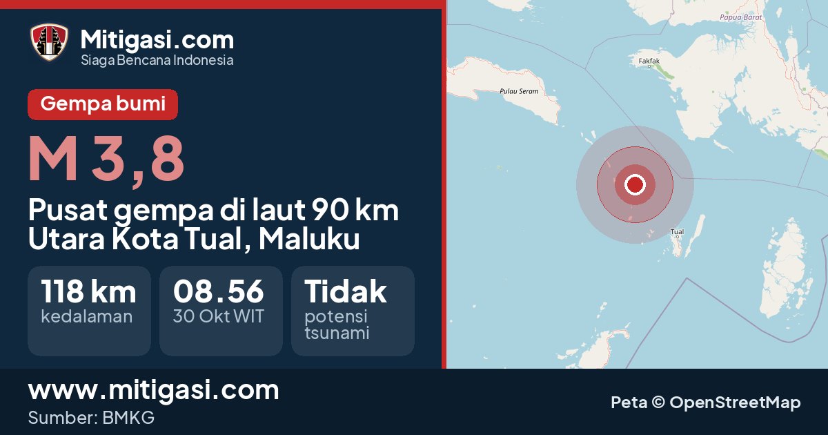 Peta pusat gempa magnitudo 3,8 di Kota Tual, Maluku. (Mitigasi.com/data BMKG)