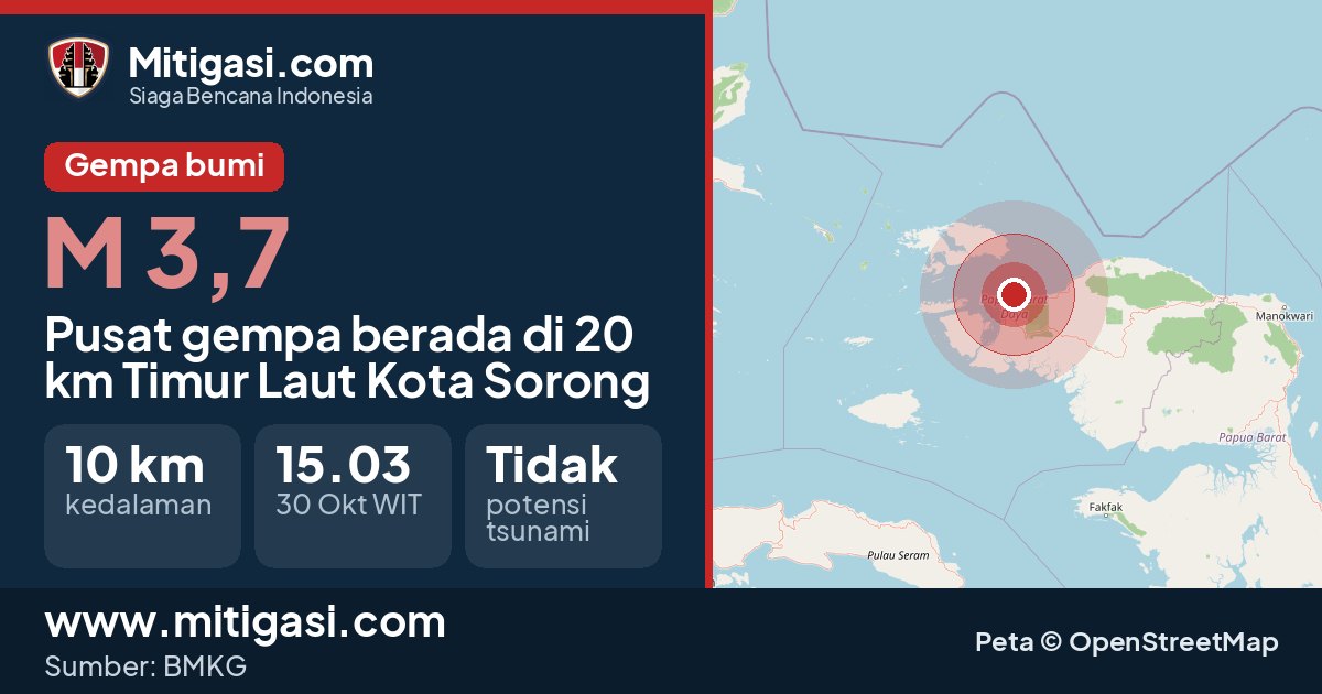 Peta pusat gempa magnitudo 3,7 di 20 km Timur Laut Kota Sorong, Papua Barat Daya. (Mitigasi.com/data BMKG)