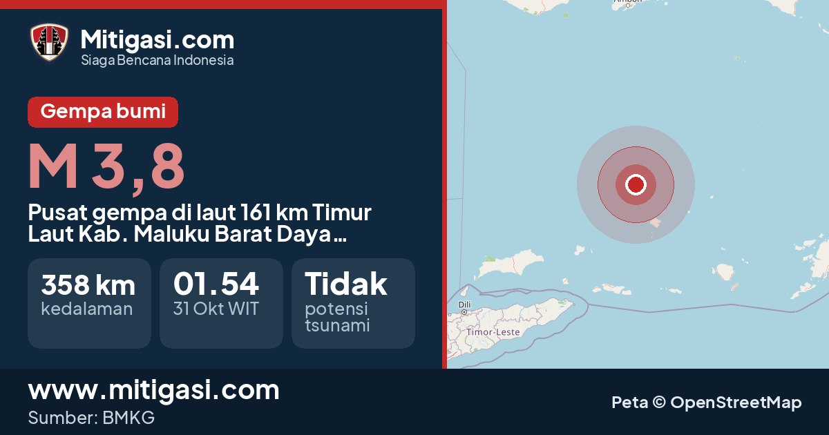Peta pusat gempa magnitudo 3,8 di Kabupaten Maluku Barat Daya, Maluku. (Mitigasi.com/data BMKG)