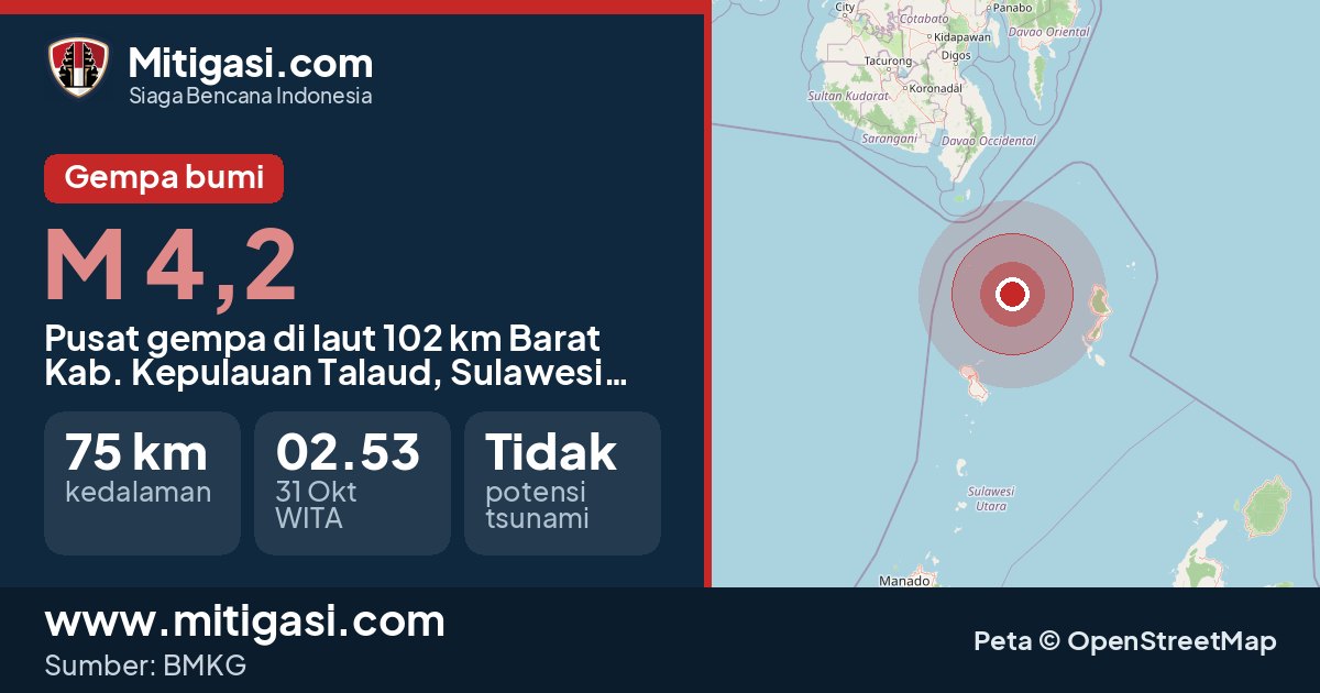 Peta pusat gempa magnitudo 4,2 di Kabupaten Kepulauan Talaud, Sulawesi Utara. (Mitigasi.com/data BMKG)