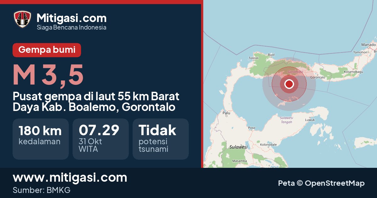 Peta pusat gempa magnitudo 3,5 di Kabupaten Boalemo, Gorontalo. (Mitigasi.com/data BMKG)