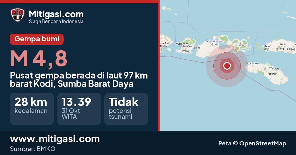 Peta pusat gempa magnitudo 4,8 di Kodi, Sumba Barat Daya, Nusa Tenggara Barat. (Mitigasi.com/data BMKG)