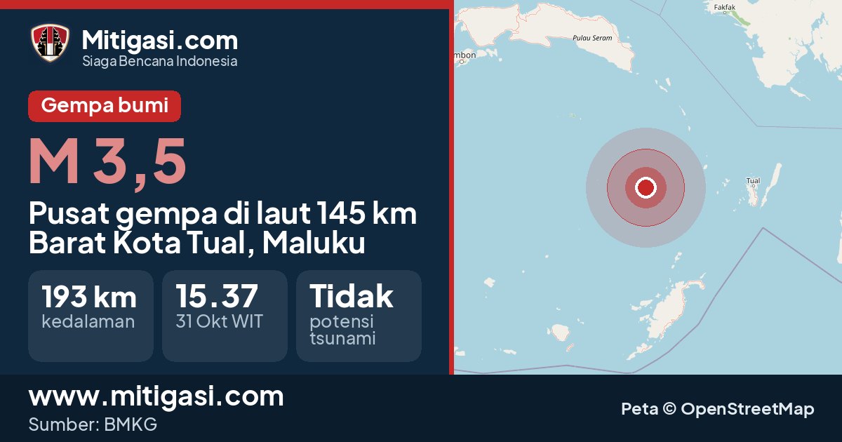 Peta pusat gempa magnitudo 3,5 di Kota Tual, Maluku. (Mitigasi.com/data BMKG)