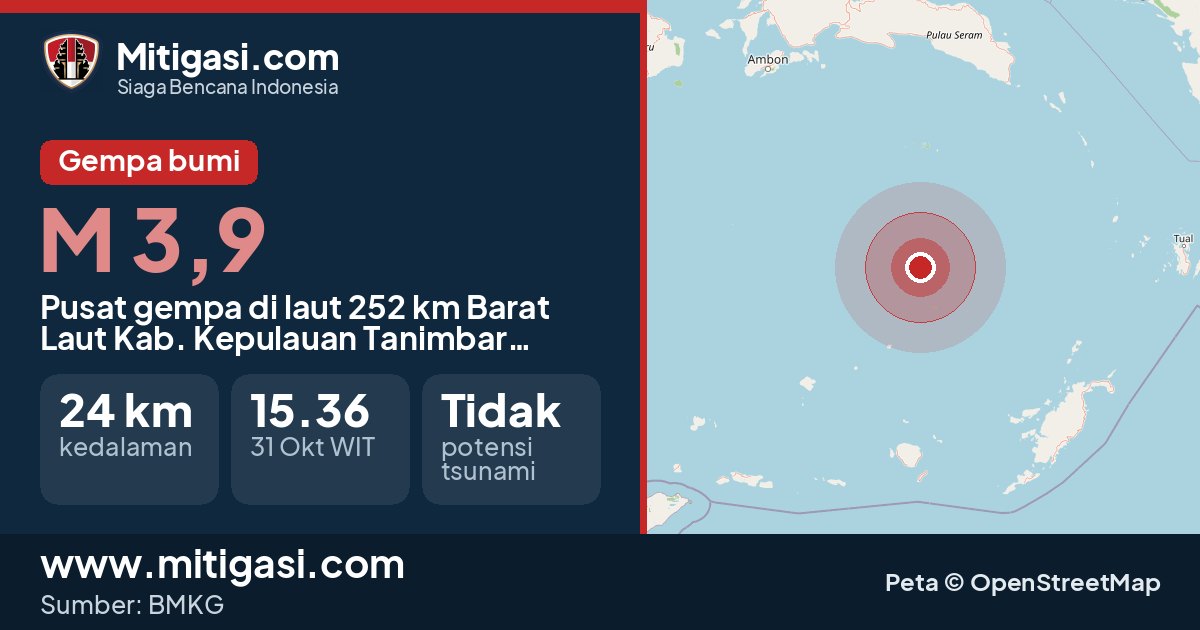 Peta pusat gempa magnitudo 3,9 di Kabupaten Kepulauan Tanimbar, Maluku. (Mitigasi.com/data BMKG)