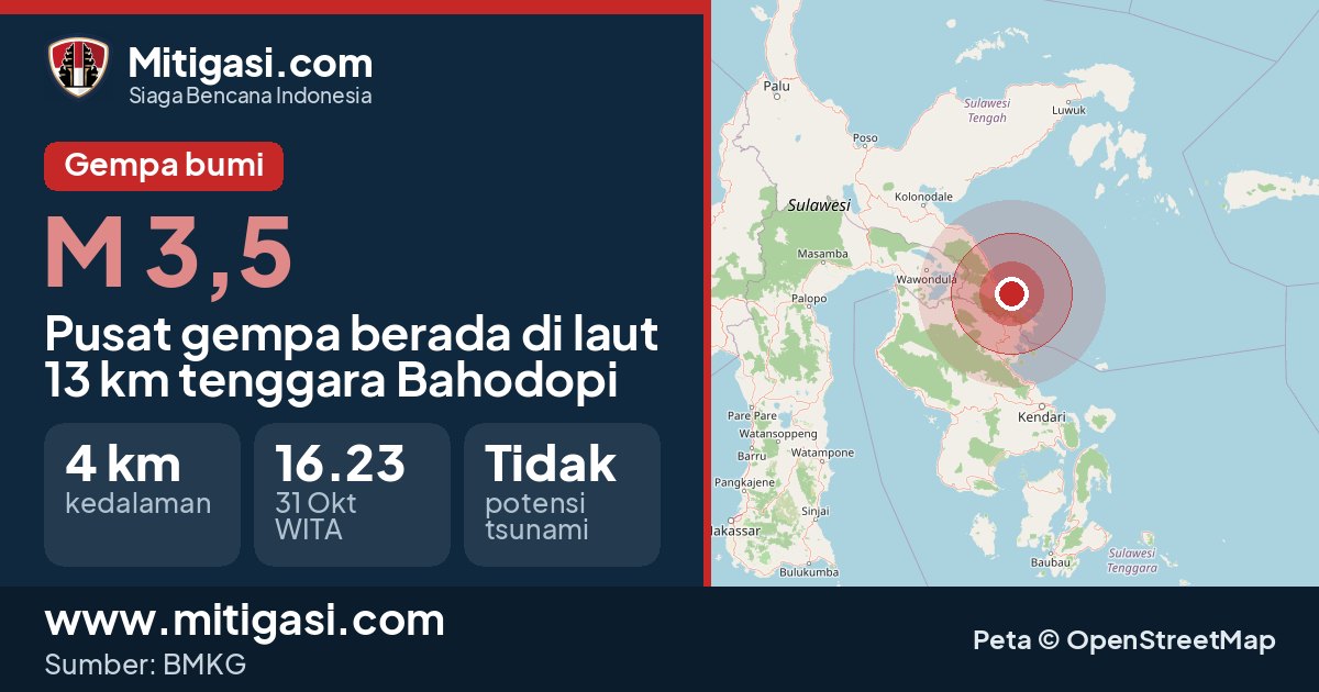 Peta pusat gempa magnitudo 3,5 di 13 km tenggara Bahodopi, Sulawesi Tengah. (Mitigasi.com/data BMKG)