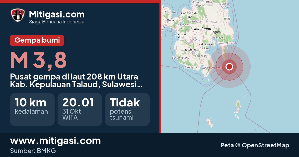 Peta pusat gempa magnitudo 3,8 di Kabupaten Kepulauan Talaud, Sulawesi Utara. (Mitigasi.com/data BMKG)