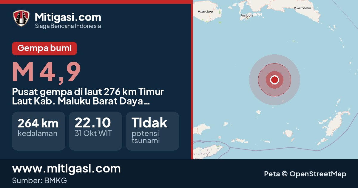 Peta pusat gempa magnitudo 4,9 di Kabupaten Maluku Barat Daya, Maluku. (Mitigasi.com/data BMKG)