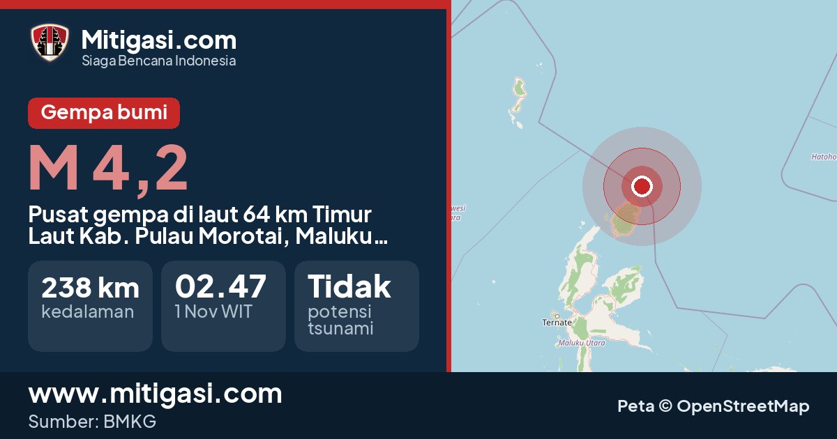 Peta pusat gempa magnitudo 4,2 di Kabupaten Pulau Morotai, Maluku Utara. (Mitigasi.com/data BMKG)
