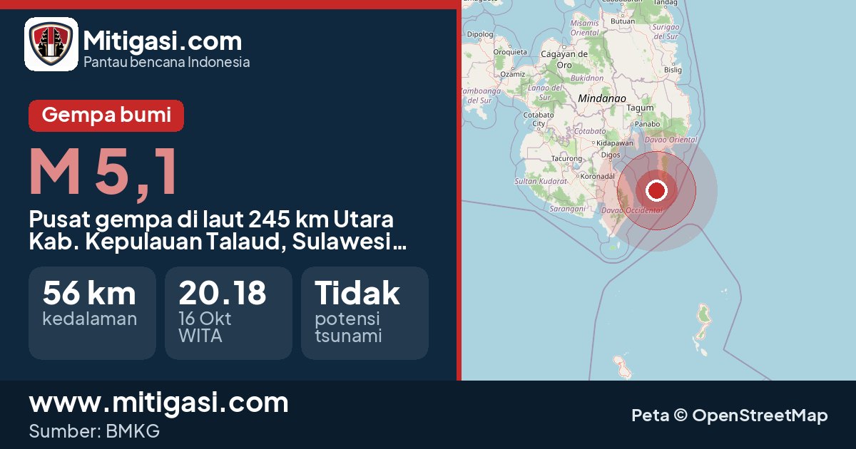 Peta pusat gempa magnitudo 5,1 di Kabupaten Kepulauan Talaud, Sulawesi Utara. (Mitigasi.com/data BMKG)