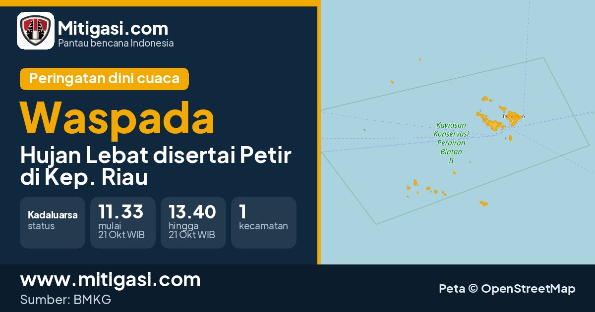 Peringatan dini cuaca BMKG tingkat Waspada di Kep. Riau. (Mitigasi.com/data BMKG)