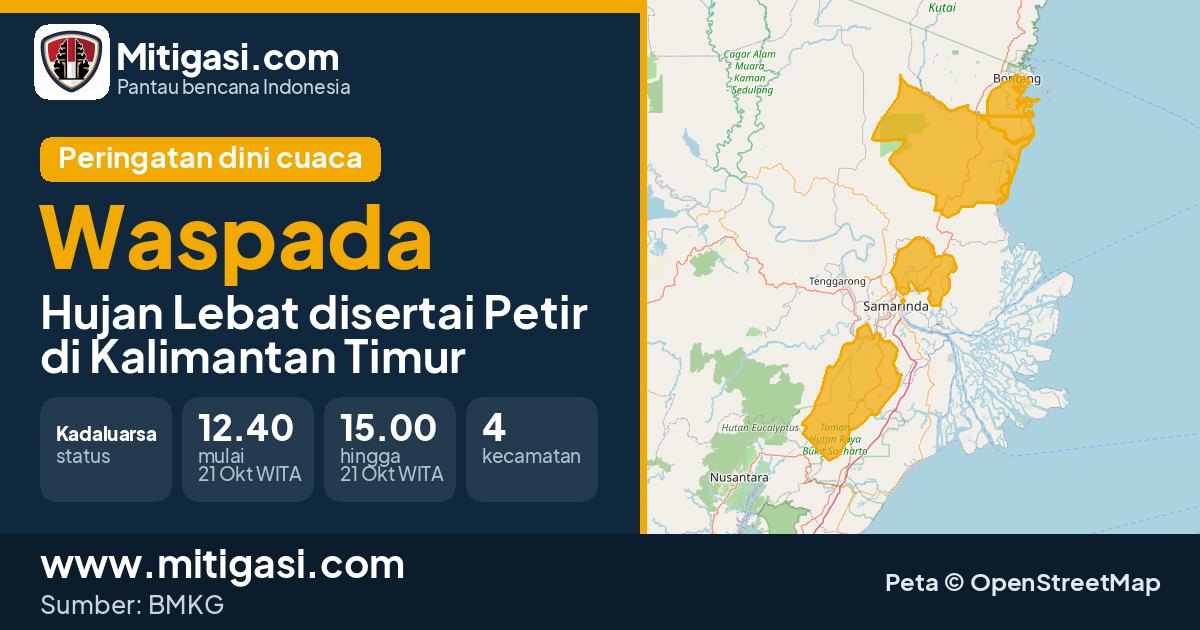 Peringatan dini cuaca BMKG tingkat Waspada di Kalimantan Timur. (Mitigasi.com/data BMKG)