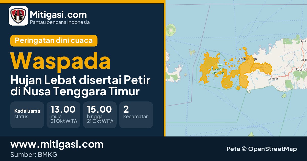 Peringatan dini cuaca BMKG tingkat Waspada di Nusa Tenggara Timur. (Mitigasi.com/data BMKG)