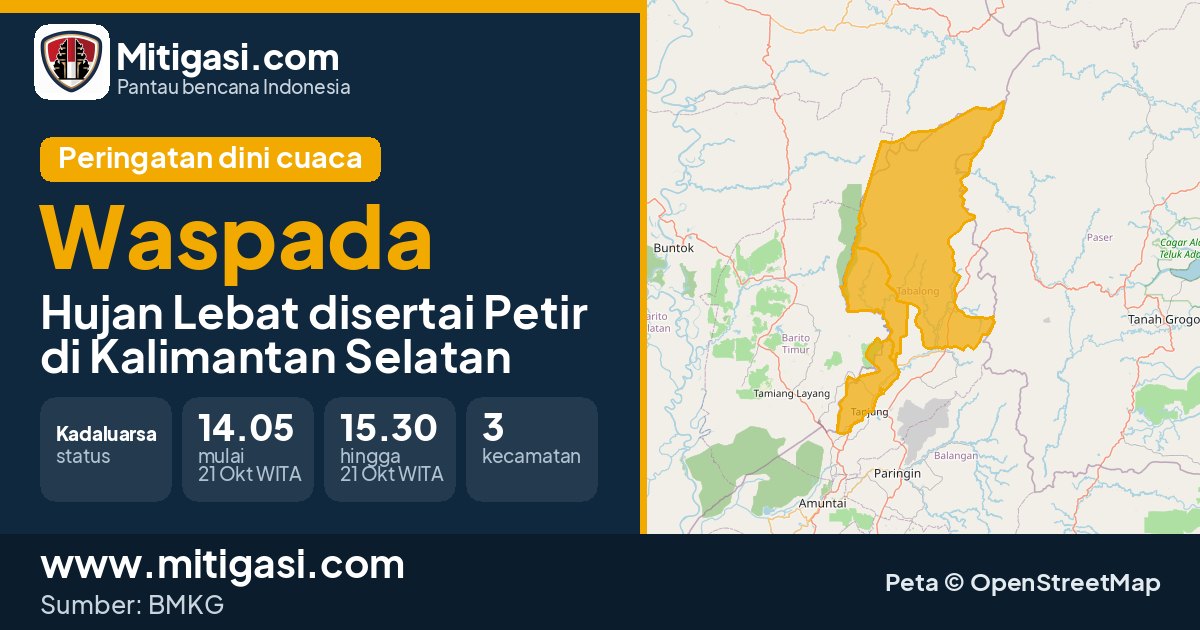 Peringatan dini cuaca BMKG tingkat Waspada di Kalimantan Selatan. (Mitigasi.com/data BMKG)