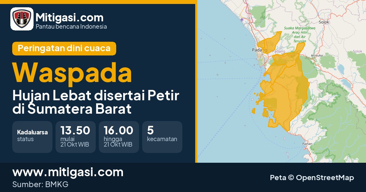 Peringatan dini cuaca BMKG tingkat Waspada di Sumatera Barat. (Mitigasi.com/data BMKG)