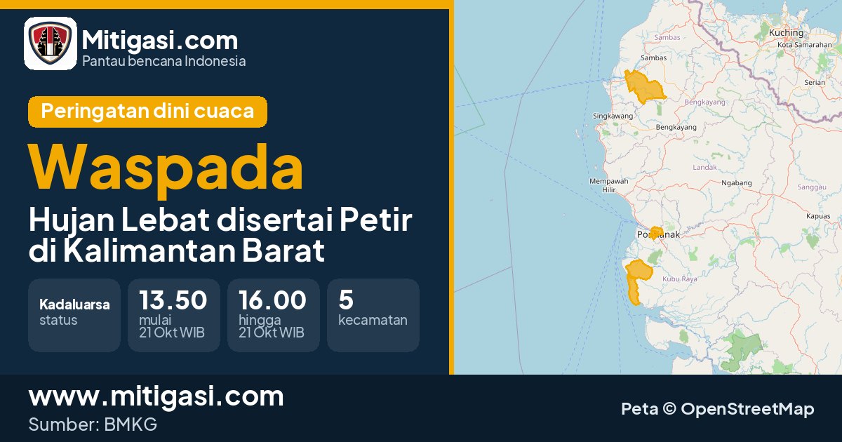 Peringatan dini cuaca BMKG tingkat Waspada di Kalimantan Barat. (Mitigasi.com/data BMKG)