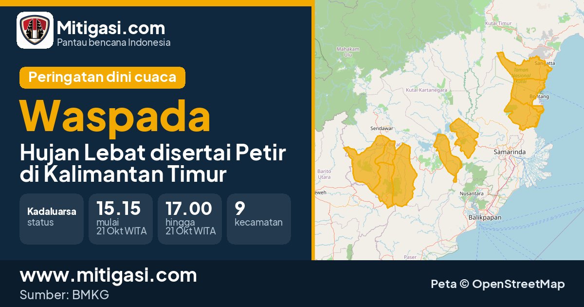 Peringatan dini cuaca BMKG tingkat Waspada di Kalimantan Timur. (Mitigasi.com/data BMKG)